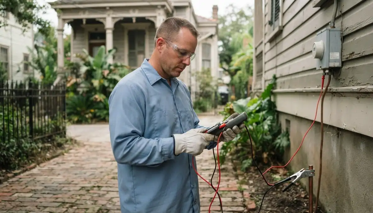 New Orleans electrician verifies ground path continuity with meter leads for lightning surge protection