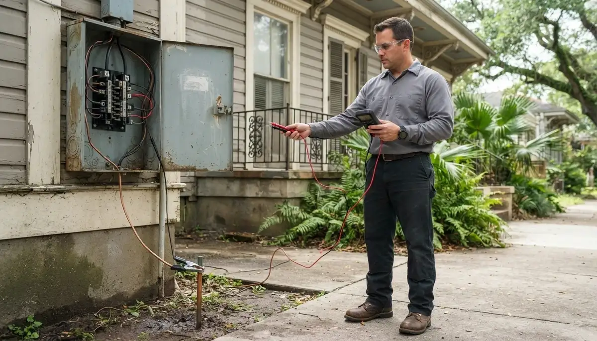 New Orleans electrician verifies service voltage and grounding with a multimeter