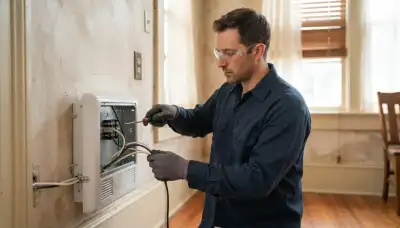 Electrician wiring dedicated circuit conductors into a wall-mounted heater terminal box in New Orleans, LA