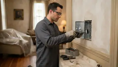 Residential electrician performing circuit work beside protected furniture in a New Orleans, LA home