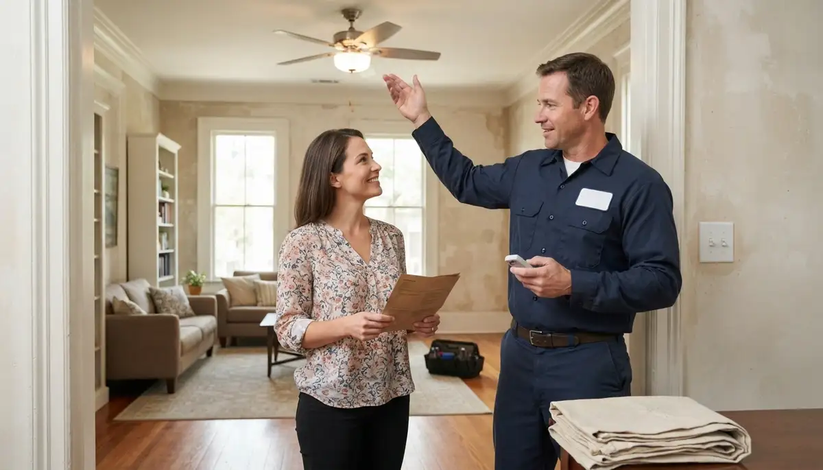 Residential electrician in New Orleans, LA explains completed electrical work to homeowner during a clean handover