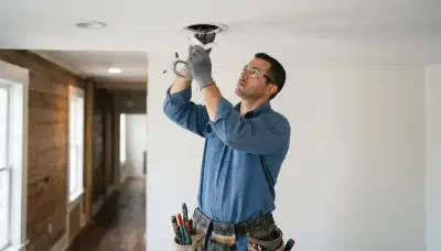 Electrician installs recessed light trim in ceiling housing at a New Orleans, LA home