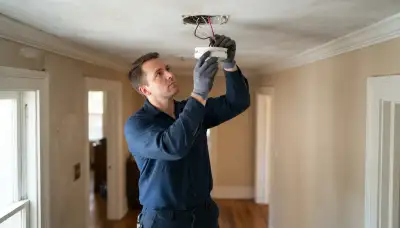 Electrician wiring an interconnected smoke detector to a ceiling base in a New Orleans, LA home