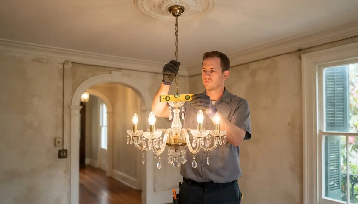 New Orleans, LA electrician uses a spirit level and tests chandelier dimmer during final installation