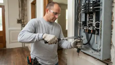 Electrician torquing feeder conductors in a New Orleans, LA load center for electrical panel installation