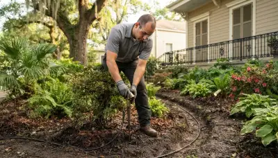 Technician installing low-voltage landscape lighting fixtures and buried cable in a New Orleans, LA planting bed