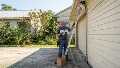 Electrician prepares a motion-sensor security light beside a garage ladder in New Orleans, LA