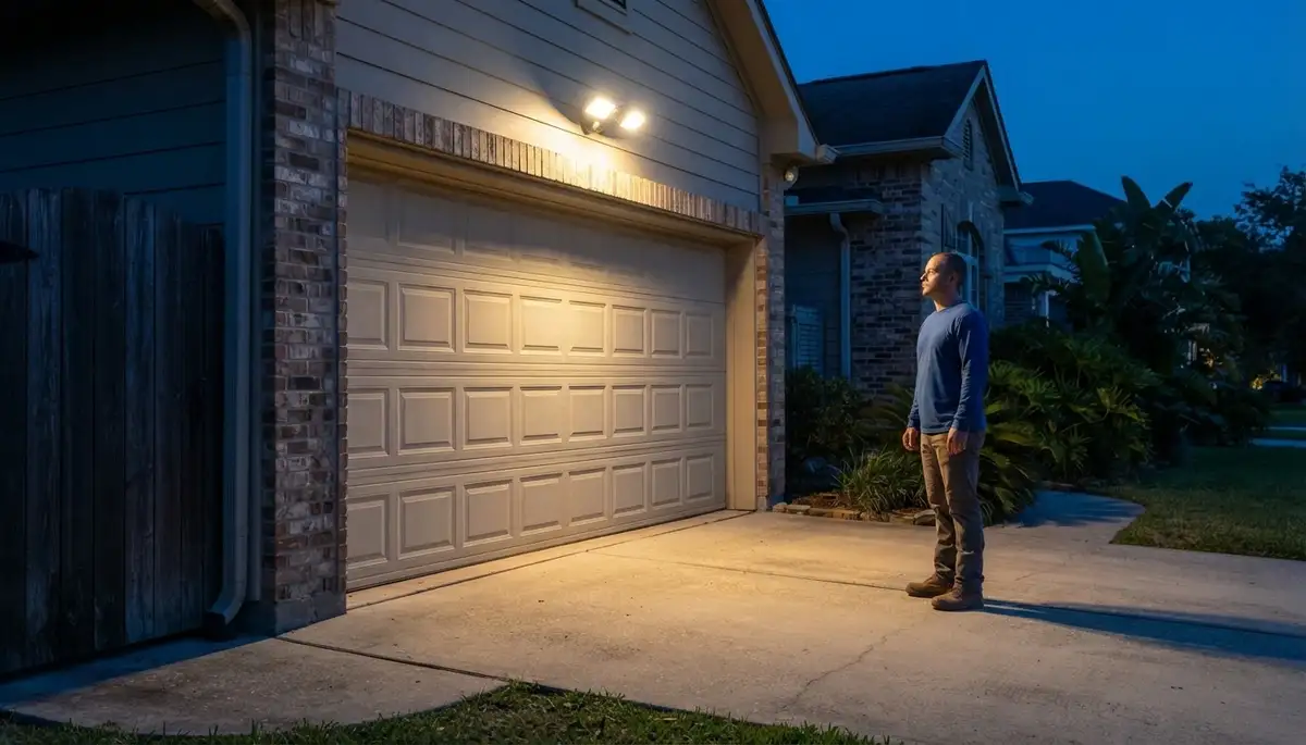 Technician verifies motion security light coverage across a residential driveway in New Orleans, LA