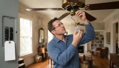 Electrician repairs ceiling fan wiring and capacitor with power locked out in New Orleans, LA