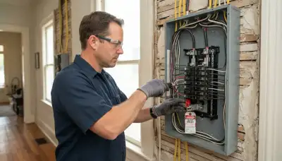 Electrician installing a new electrical panel during a load center upgrade in a New Orleans, LA home