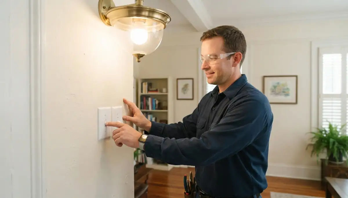 New Orleans, LA electrician tests a repaired light switch to verify safe, reliable operation
