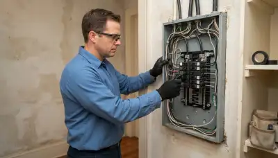 Licensed electrician using a torque screwdriver to secure a breaker in a panel in New Orleans, LA