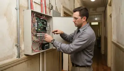 Electrician wiring zone conductors to a fire alarm control panel in a New Orleans, LA home