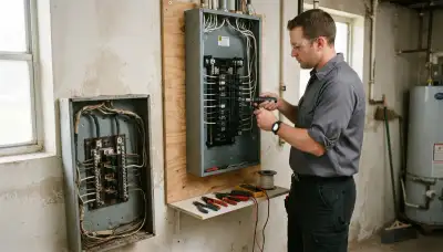 Electrician upgrading an electrical panel in an older Arabi, LA home for safer, reliable power