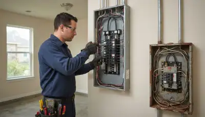Electrician upgrading an electrical panel in an older Barataria, LA home