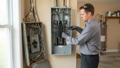 Electrician upgrading an older home's electrical panel to 200-amp service in Metairie, LA