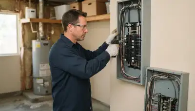 Electrician upgrading an electrical panel in an older Violet, LA home