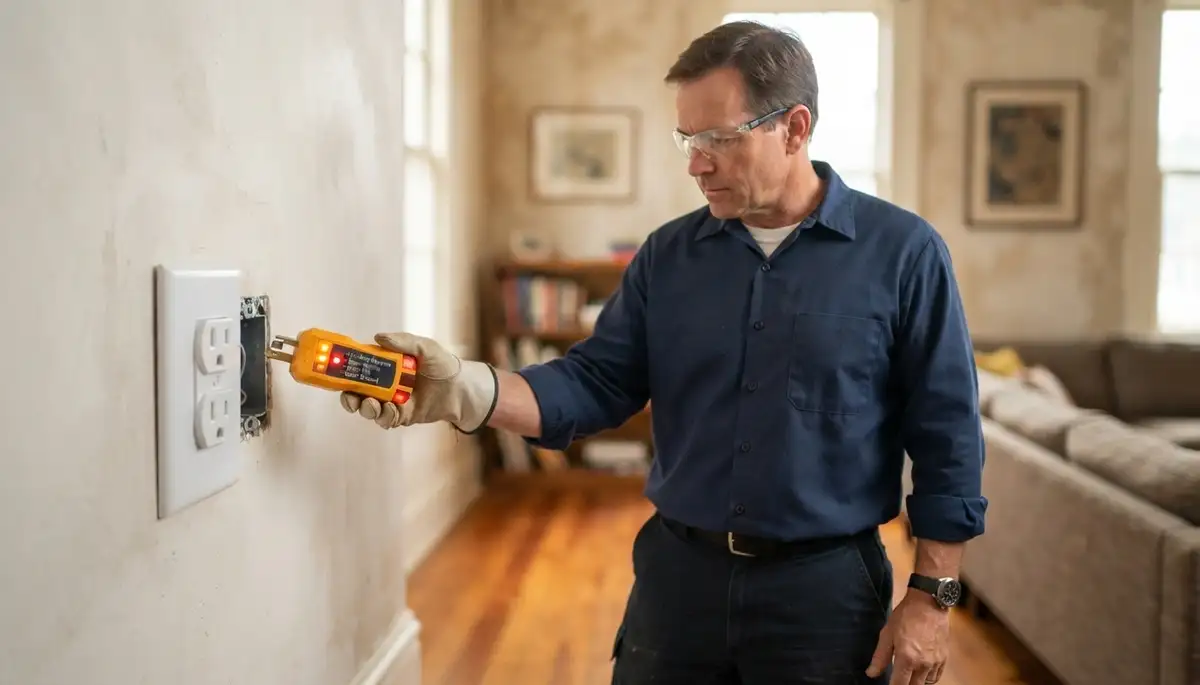 Electrician tests outlet polarity and grounding after repair in New Orleans, LA