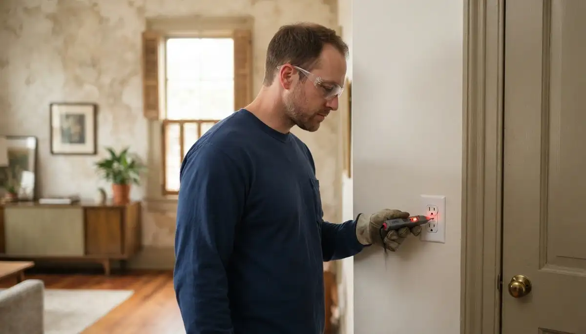 New Orleans, LA electrician tests voltage at a restored receptacle to verify safe electrical repair