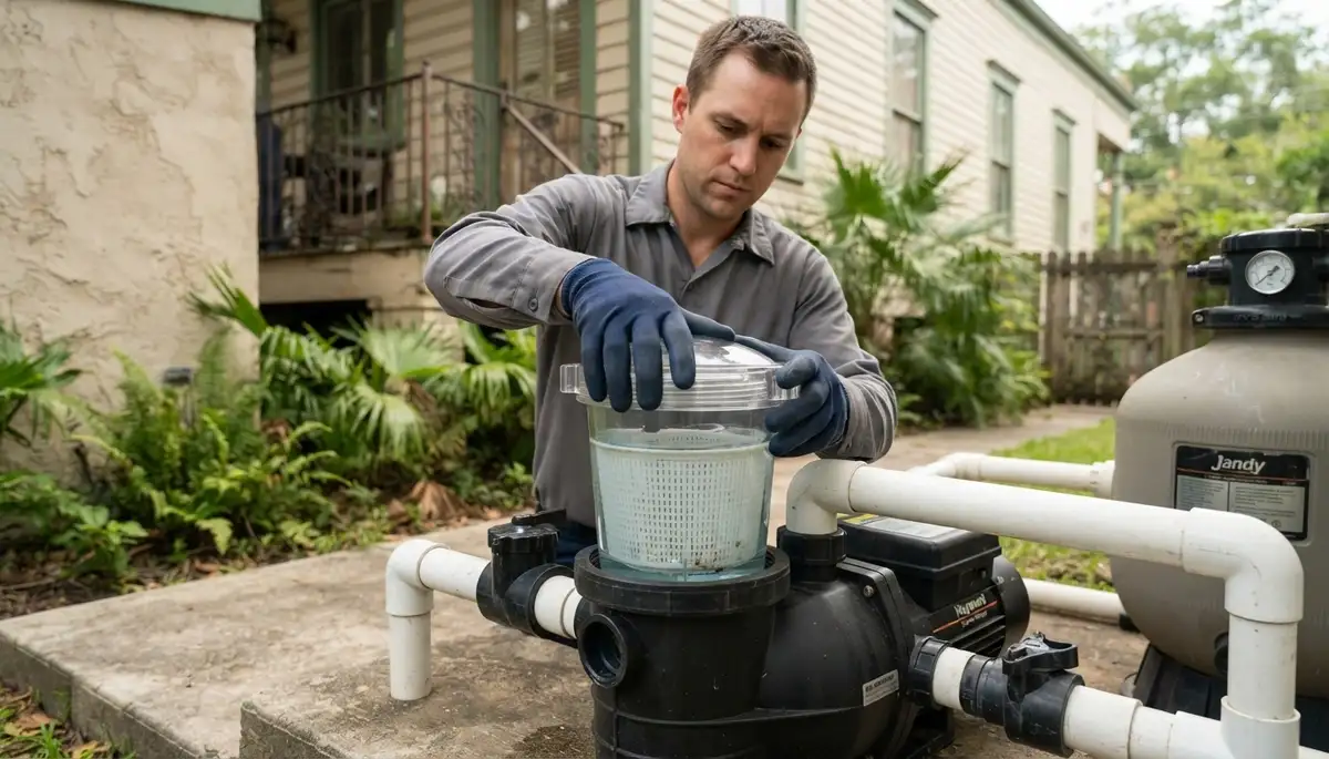 Electrician closes a primed pool pump strainer lid during flow verification in New Orleans, LA