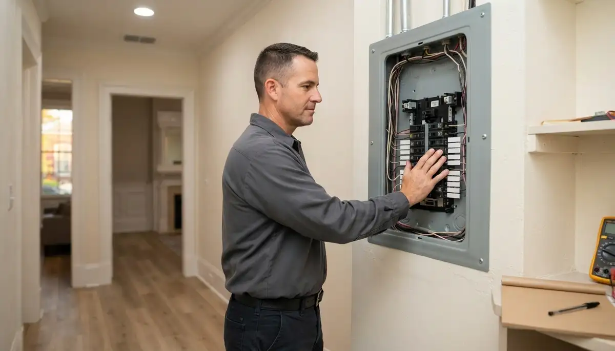 New Orleans electrician verifies completed electrical panel installation during final project walkthrough