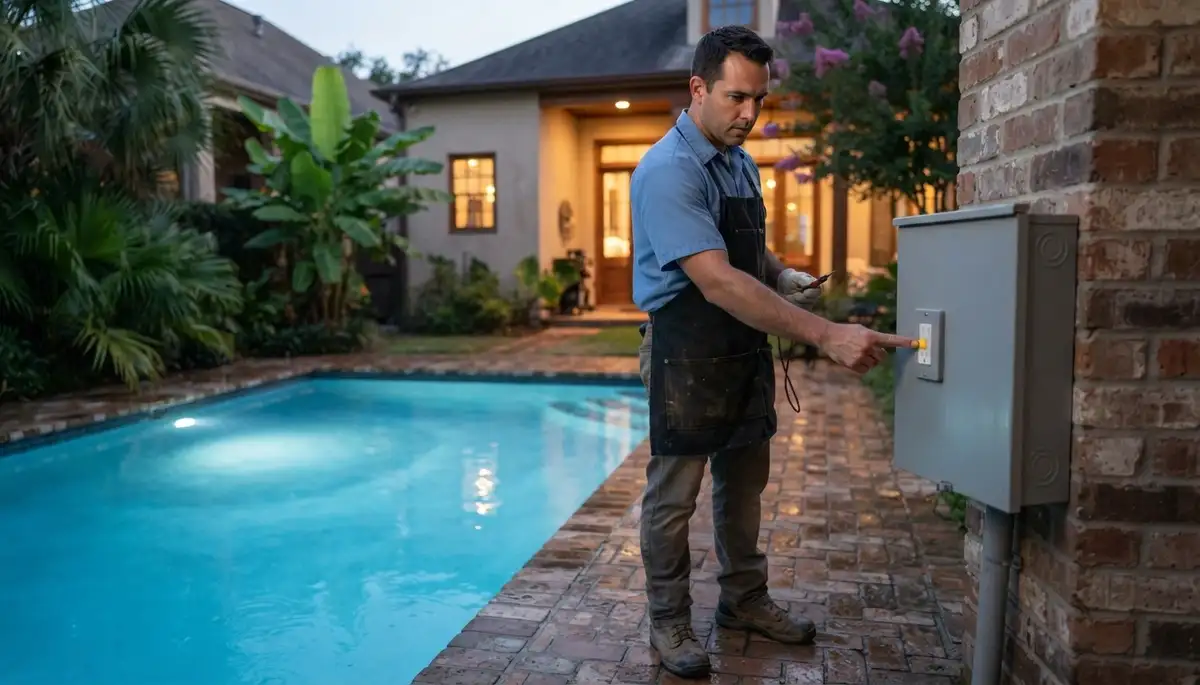 New Orleans electrician testing GFCI protection at a pool light panel beside an illuminated swimming pool
