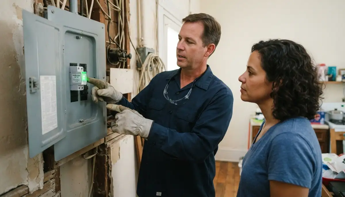 New Orleans, LA electrician verifies whole-home surge protector status light on electrical panel