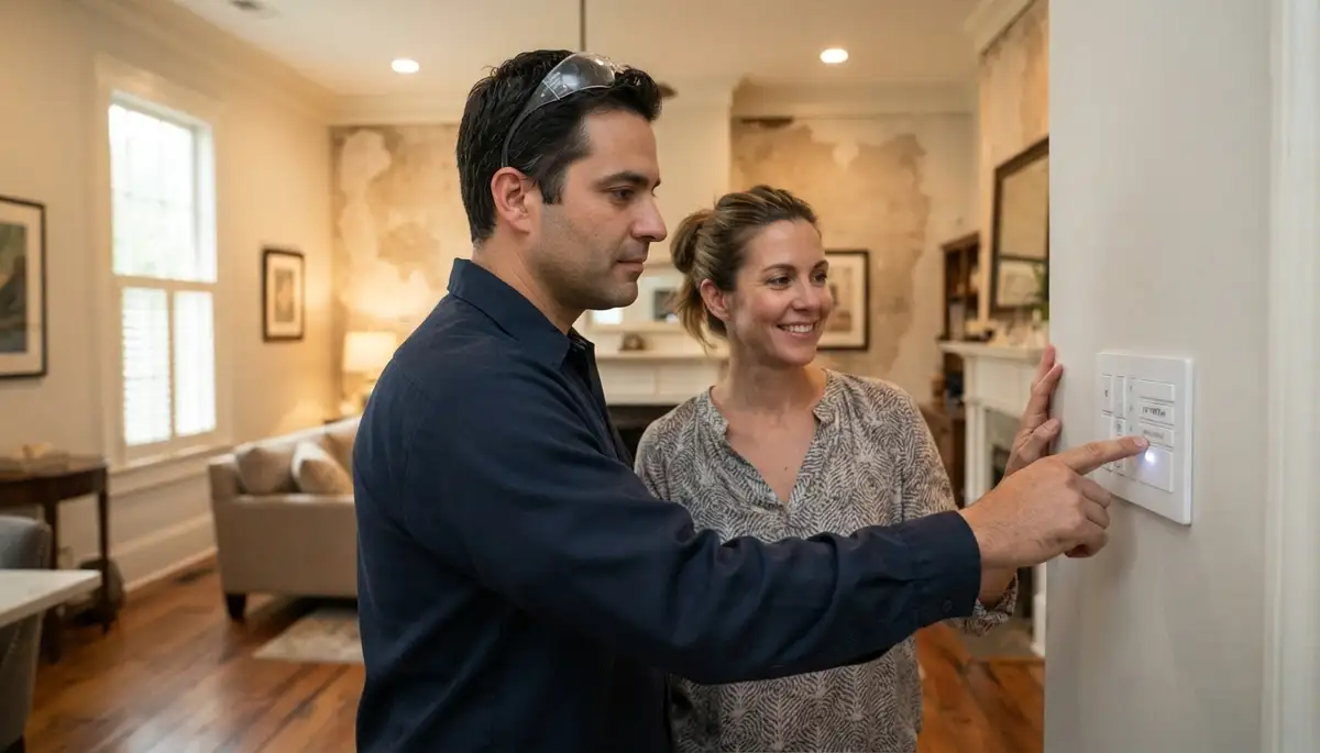 Electrician testing programmable lighting scenes with a homeowner in New Orleans, LA