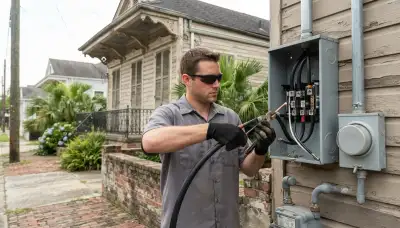 New Orleans electrician terminating service conductors in a new meter base during electrical service work