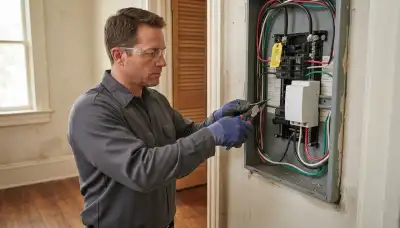 New Orleans, LA electrician installs a whole-home surge protector with short leads at an electrical panel
