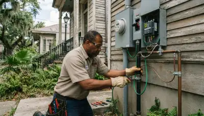 Electrician installing bonding jumpers and surge protection at a New Orleans, LA home