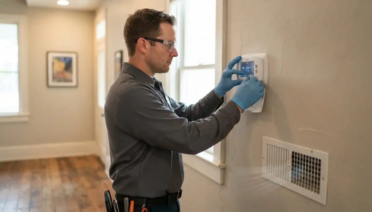 Electrician tests a new thermostat’s heating and cooling cycles in New Orleans, LA