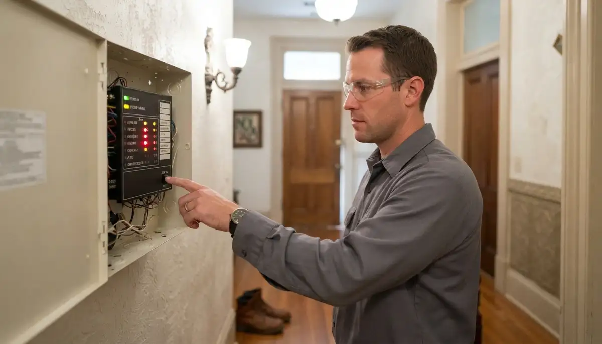 Technician testing fire alarm zones at a control panel in a New Orleans, LA home
