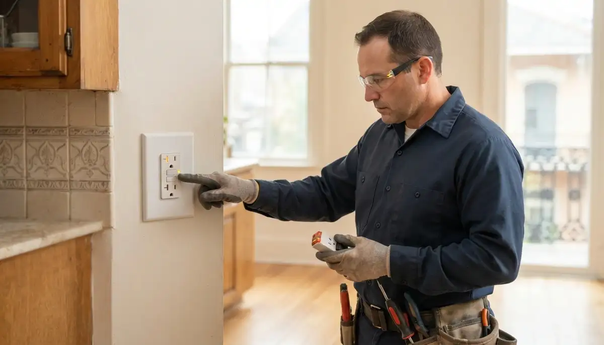 Electrician tests a newly installed GFCI outlet in a New Orleans, LA home