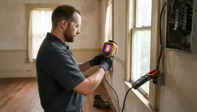 Electrician using a thermal camera to inspect electrical loads during a New Orleans, LA home energy audit