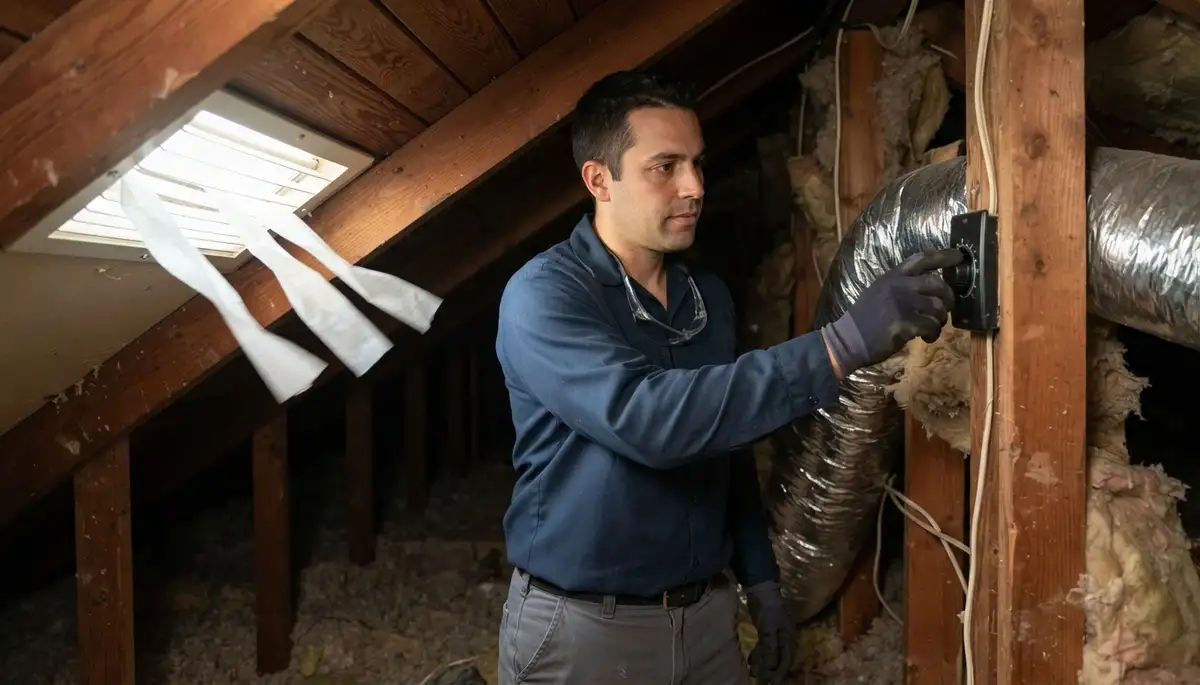 Electrician testing attic fan thermostat and soffit vent airflow in New Orleans, LA