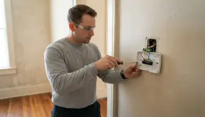 Electrician wiring and leveling a new thermostat base in a New Orleans, LA home
