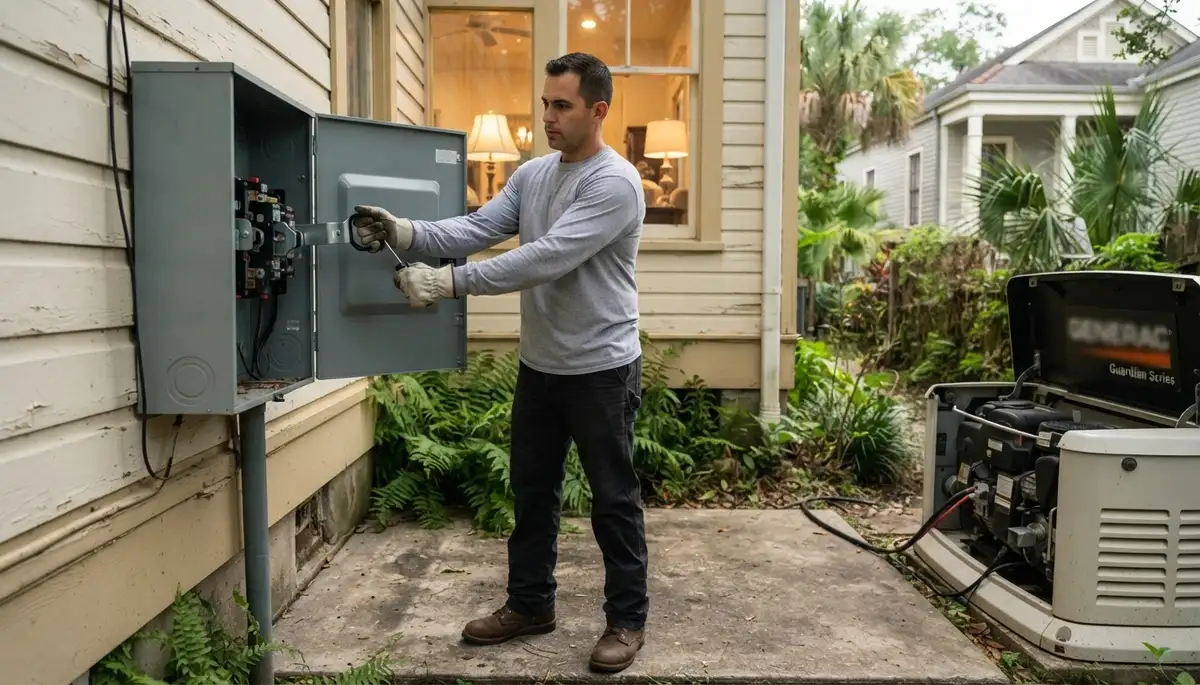 Technician tests a generator transfer switch during an outage simulation in New Orleans, LA