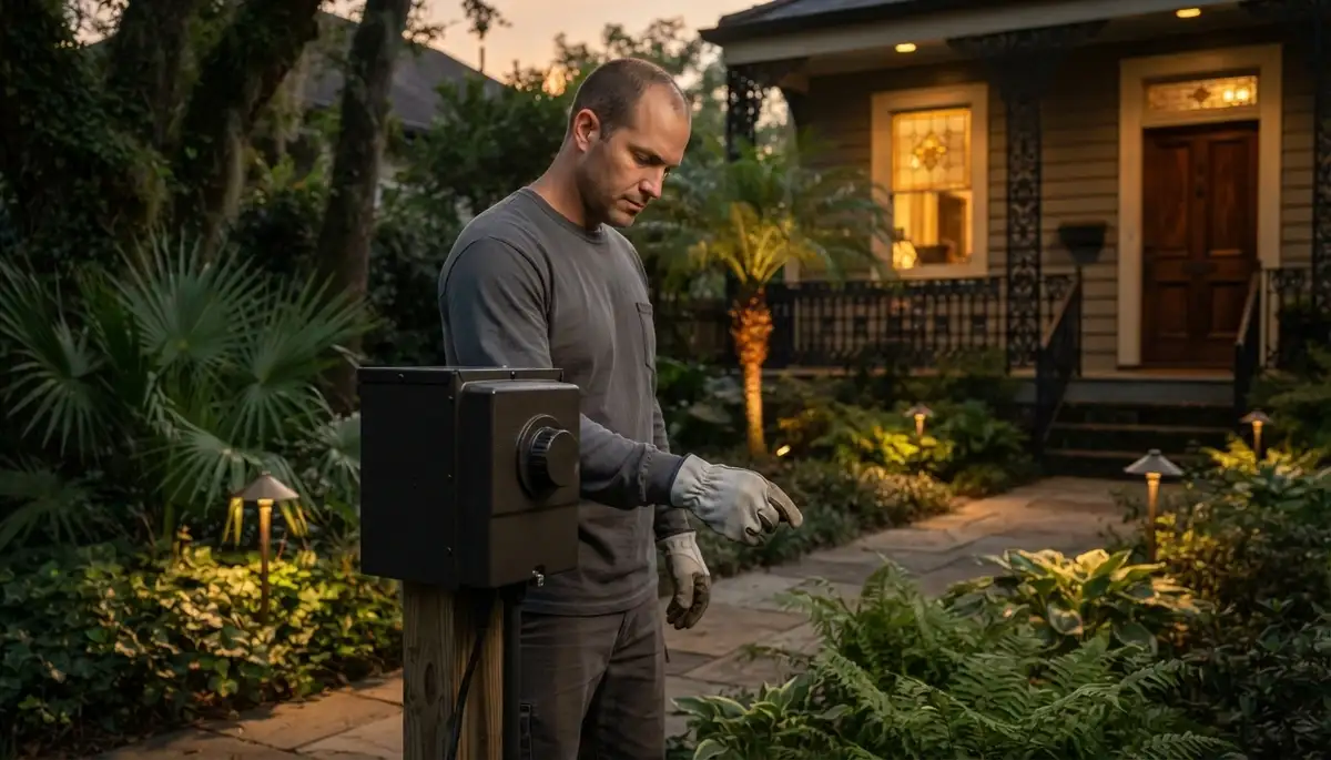 Landscape lighting electrician adjusts transformer timer at dusk in a New Orleans, LA residential yard