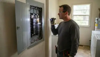 Electrician conducting a whole-home electrical inspection in New Orleans, LA, checking the breaker panel and wiring