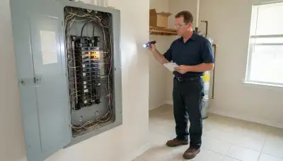 Electrician performing a whole-home electrical inspection in Boutte, LA, checking the panel, outlets, and wiring