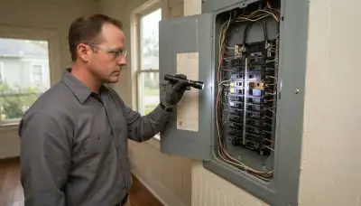 Electrician performing a whole-home electrical inspection with a voltage tester in Gretna, LA