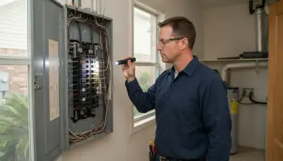 Electrician performing a whole-home electrical inspection in Harahan, LA, checking the panel and wiring