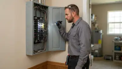 Electrician performing a whole-home electrical inspection in a Kenner, LA home with a voltage tester