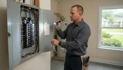 Electrician inspecting a home electrical panel with a voltage tester in Meraux, LA