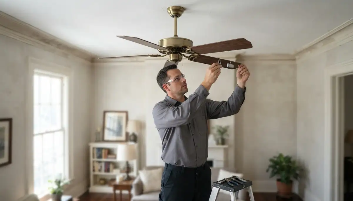 Electrician clips a balancing weight to a ceiling fan blade during repair in New Orleans, LA